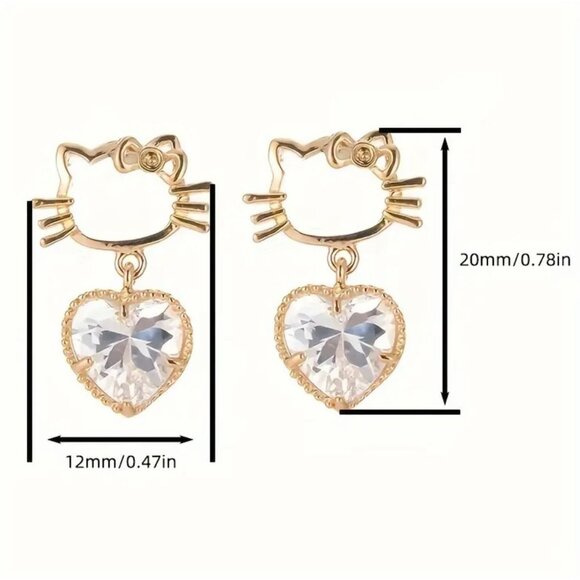 Hello Kitty Gold-Plated Earrings With Heart-Shaped Crystal Dangles - Picture 3 of 4